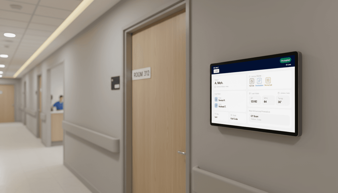 Digital patient room display mounted on hospital corridor wall outside Room 312, showing patient information, vitals, and care team