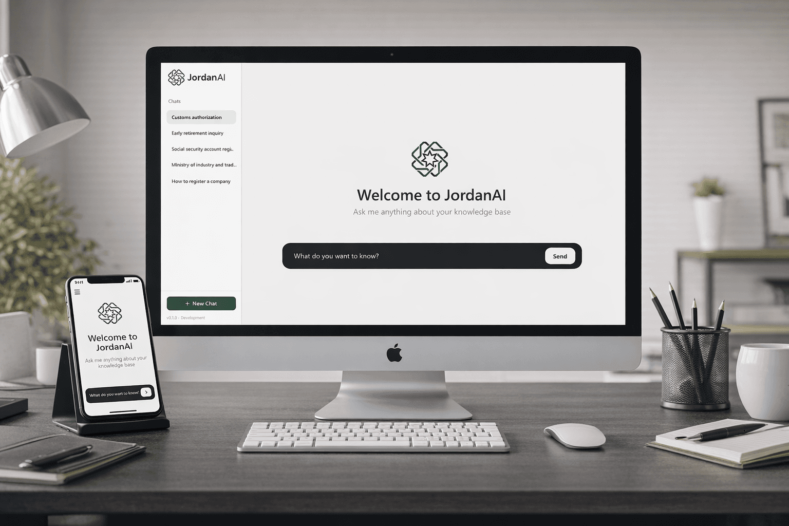 JordanAI desktop and mobile interface showing the bilingual AI assistant